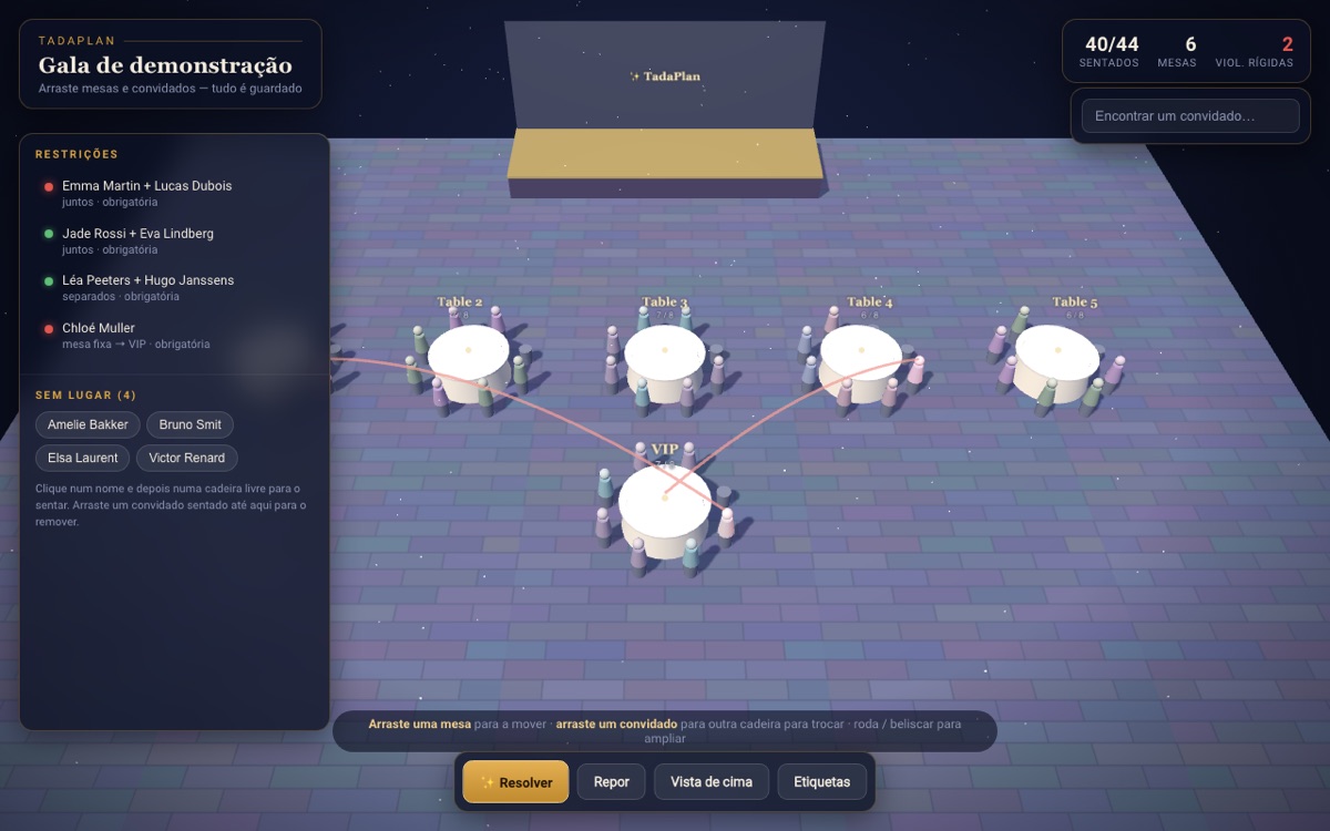 Plano de mesas 3D do TadaPlan: uma sala de gala em 3D com mesas redondas e convidados, painel de restrições à esquerda