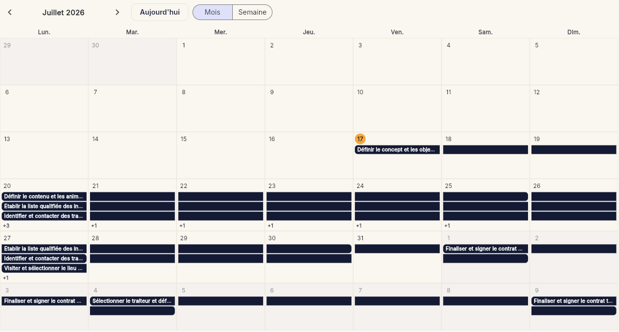 TadaPlan calendar view: event tasks laid out on a monthly calendar