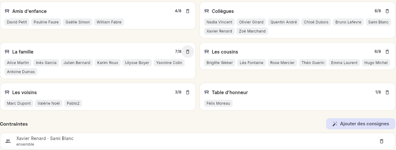 Natural-language seating instructions in TadaPlan: “Xavier and Sami together”, tables with guest lists