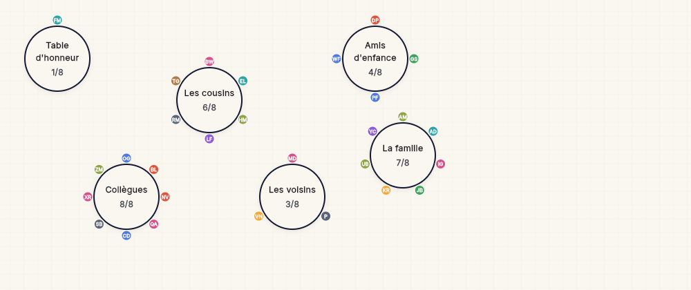 TadaPlan room plan: draggable round tables with guests shown as coloured dots around each table